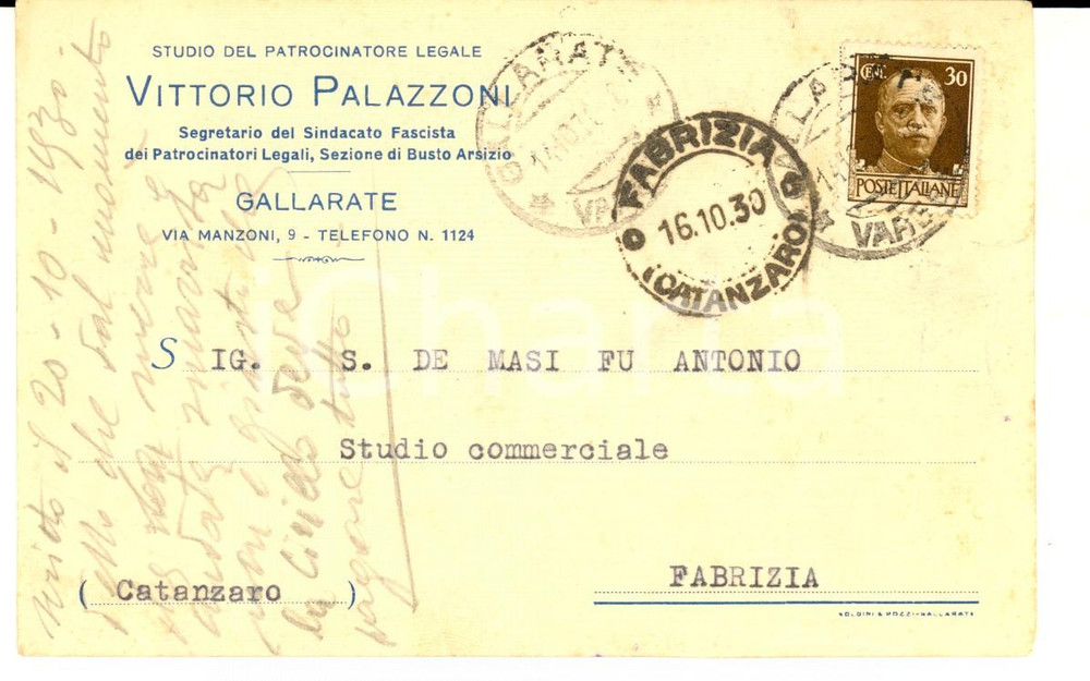 Cartolina originale da collezione 1930 GALLARATE Patrocinatore legale Vittorio PALAZZONI Cartolina intestata FP 1