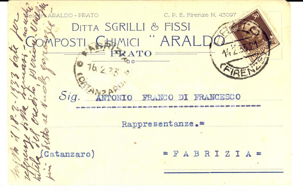 Documento originale, autentico 1933 PRATO Ditta SGRILLI & FISSI  Composti chimici ARALDO Cartolina FP 1