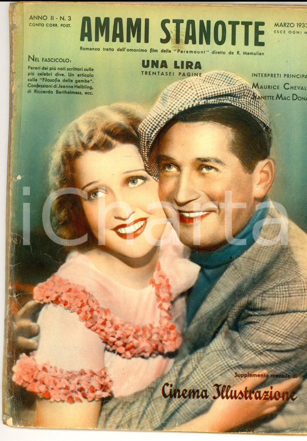 Giornale, rivista storica 1933 AMAMI STANOTTE Romanzo tratto dal film   CHEVALIER MACDONALD DANNEGGIATO 1