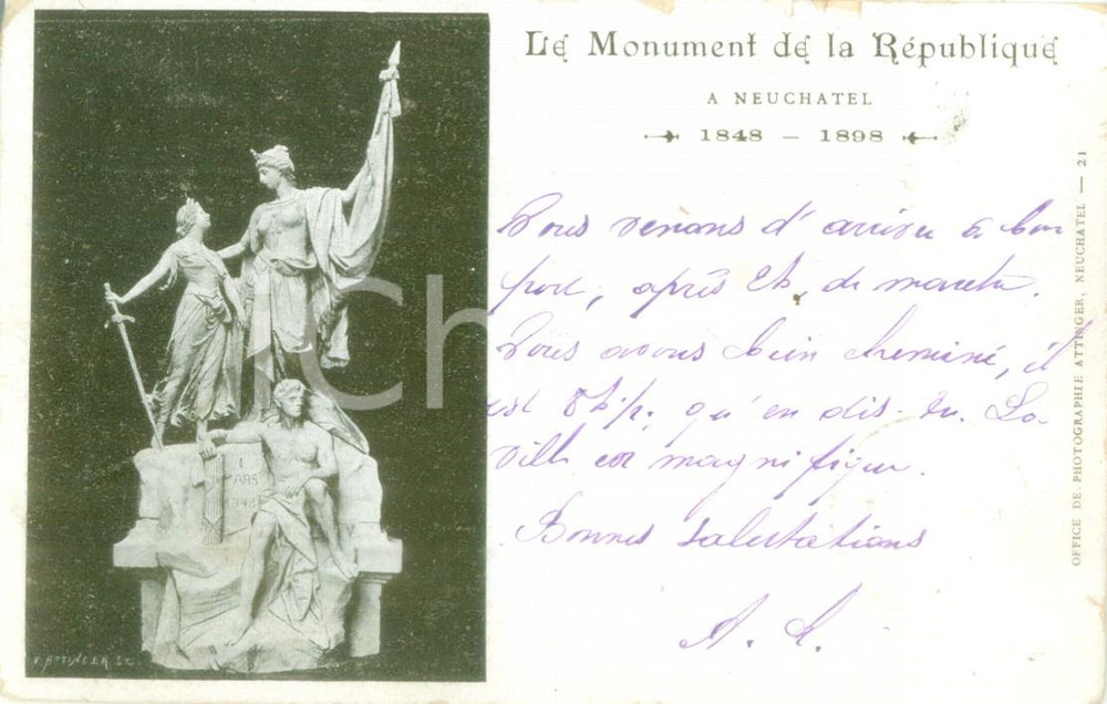 Cartolina originale da collezione 1898 NEUCHATEL SVIZZERA Le Monument de la RÃ©publique Cartolina FP VG 1
