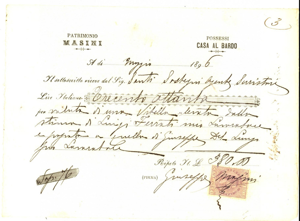 Documento originale, autentico 1896 FIRENZE Possessi CASA AL BARDO  Patrimonio MASINI Ricevuta bestiami 1