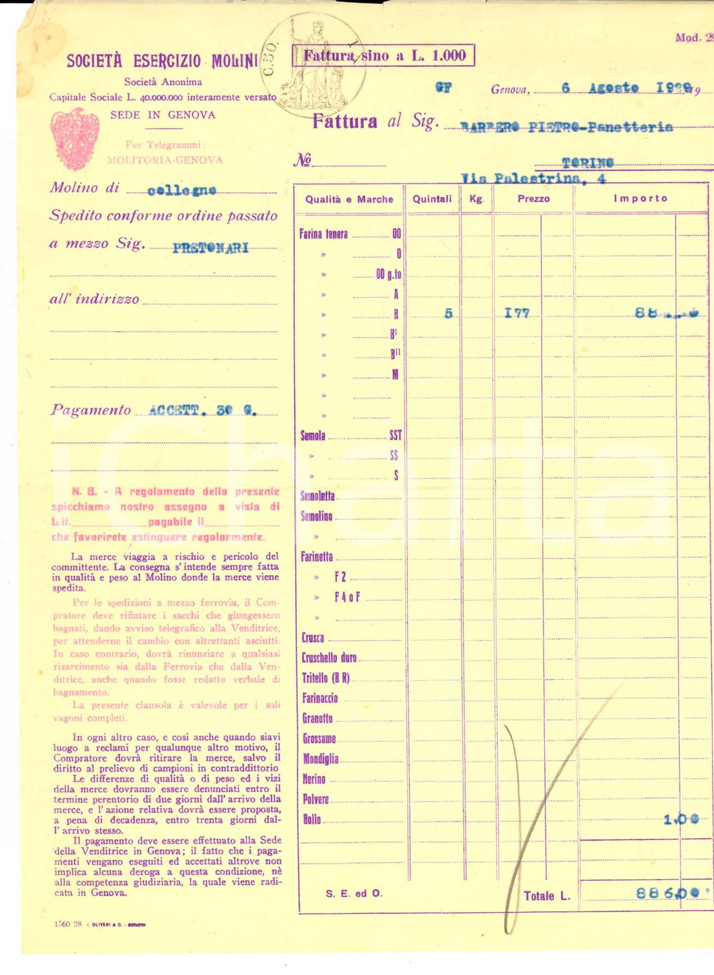 Documento originale, autentico 1939 GENOVA SocietÃ  Esercizio Molini  Fattura intestata per farina 1