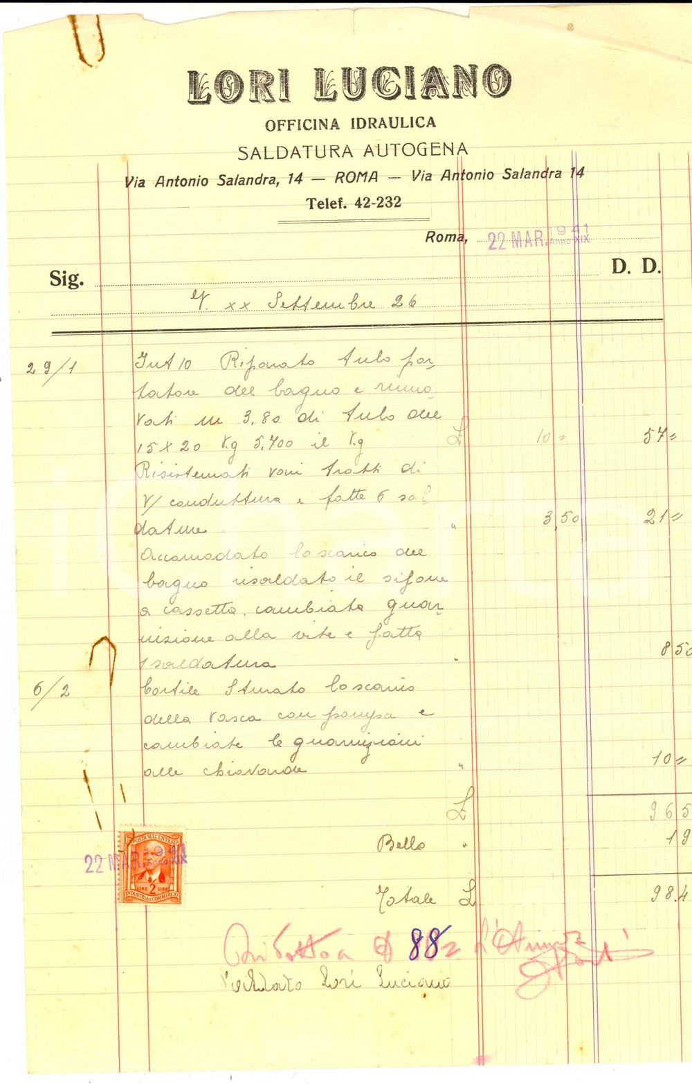 Documento originale, autentico 1941 ROMA Ditta Luciano LORI  Officina idraulica Fattura intestata con bollo 1