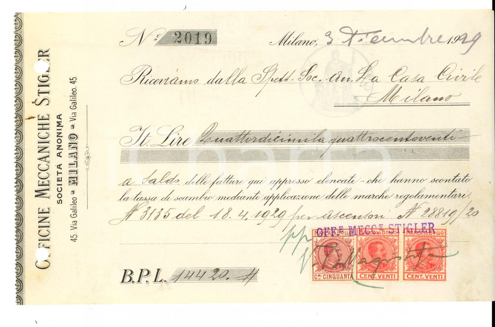 Documento originale, autentico 1929 MILANO Officine Meccaniche STIGLER Ricevuta di pagamento con bolli 1