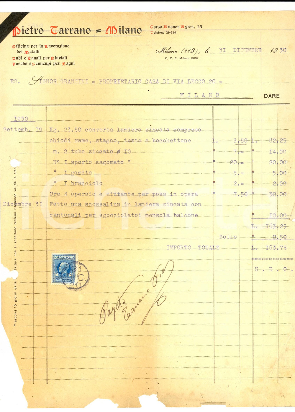Documento originale, autentico 1930 MILANO Officina Pietro TARRANO Lavorazione dei metalli Fattura intestata 1
