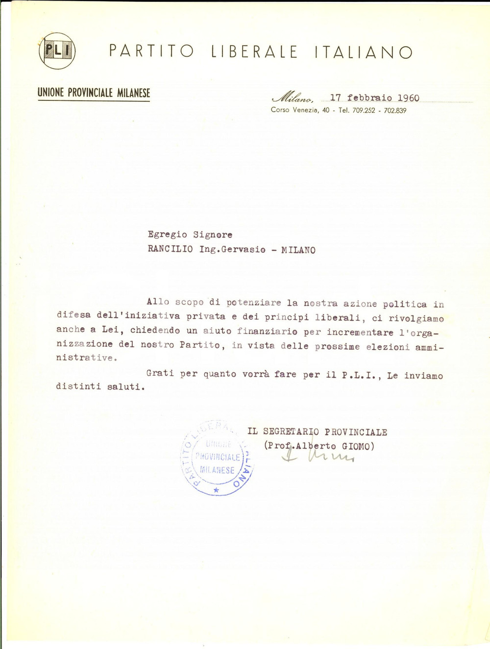Autografo originale 1960 MILANO PARTITO LIBERALE Alberto GIOMO chiede aiuto finanziario AUTOGRAFO 1