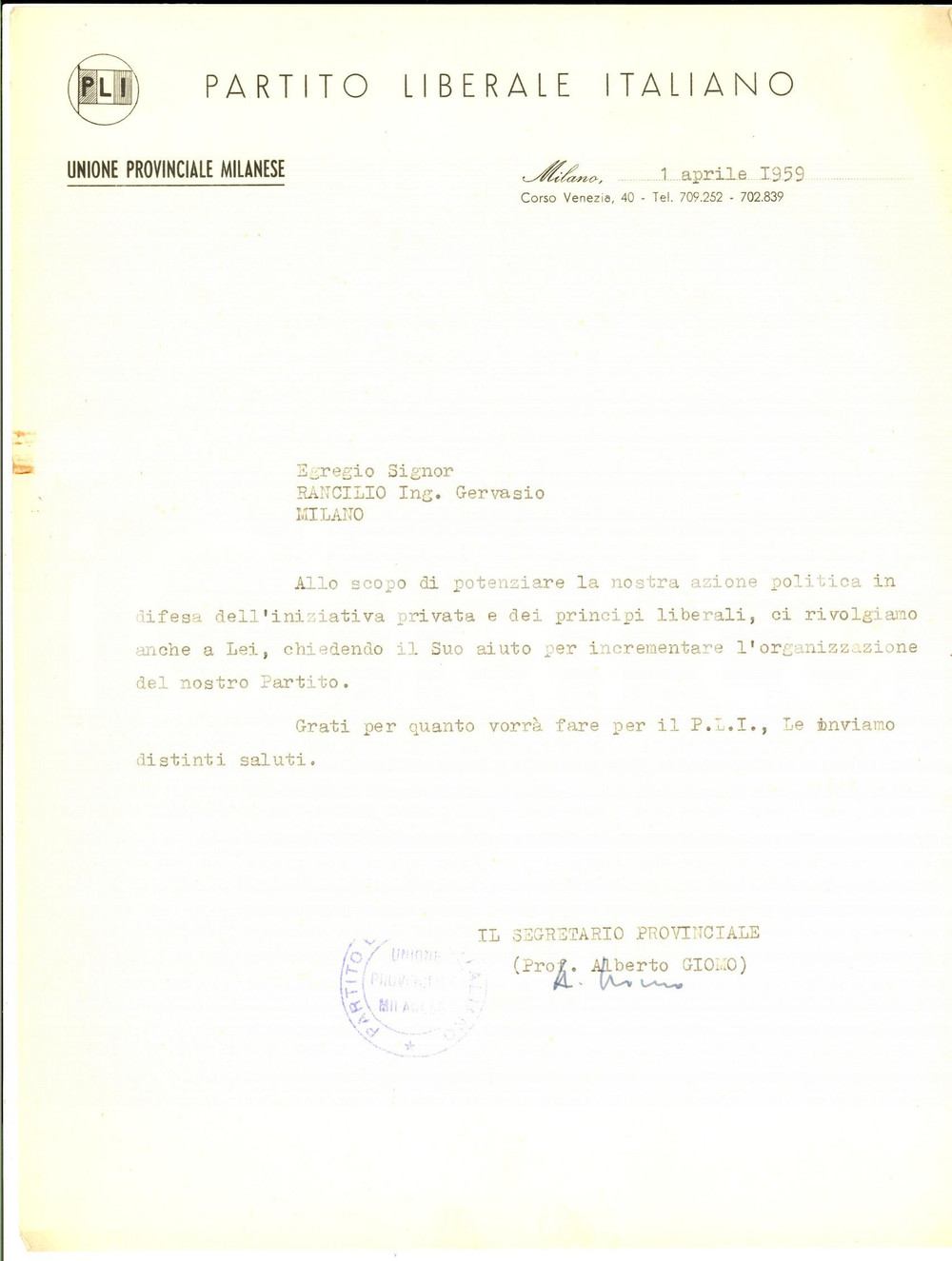 Autografo originale 1959 MILANO PLI On. Alberto GIOMO chiede contributo finanziario AUTOGRAFO 1