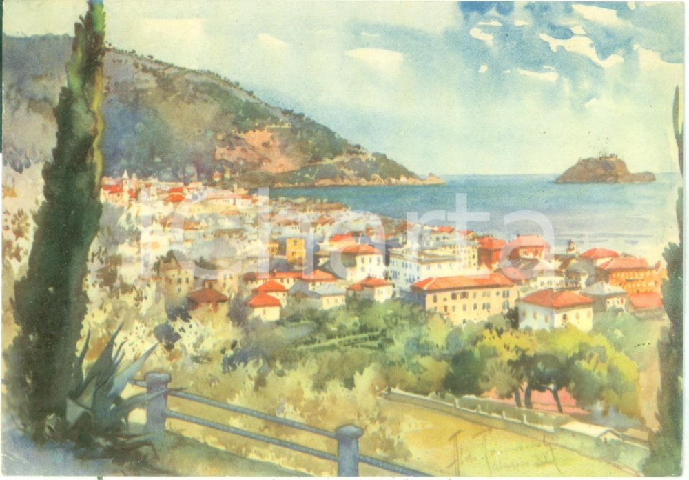 Cartolina originale da collezione 1960 ALASSIO SV Panorama con GALLINARIA Illustratore RAIMONDI Cartolina FG VG 1