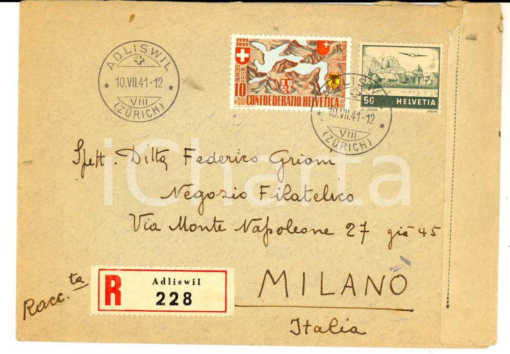 Cartolina originale da collezione 1941 STORIA POSTALE SVIZZERA Busta  affrancata cent. 10 + cent. 50 1