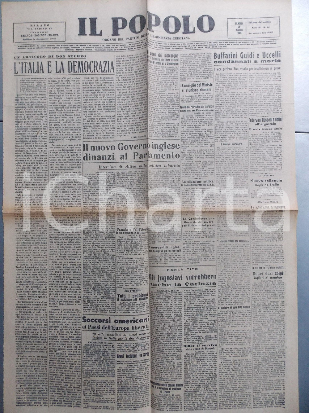 Giornale, rivista storica Maggio 1945 IL POPOLO Condannati a morte BUFFARINI GUIDI e UCCELLI Giornale DC 1