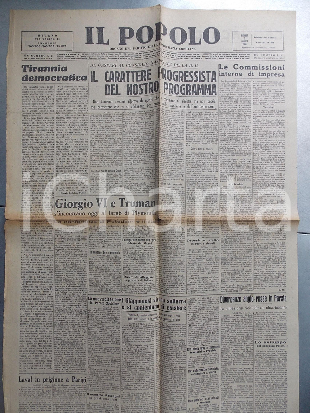 Giornale, rivista storica Agosto 1945 IL POPOLO Incontro tra GIORGIO VI e TRUMAN Giornale DC 1