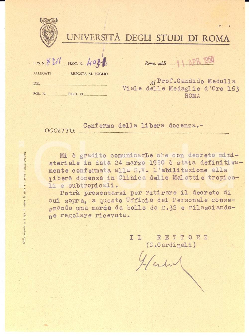Autografo originale 1950 ROMA Università degli Studi AUTOGRAFO Rettore Giuseppe CARDINALI Lettera 1