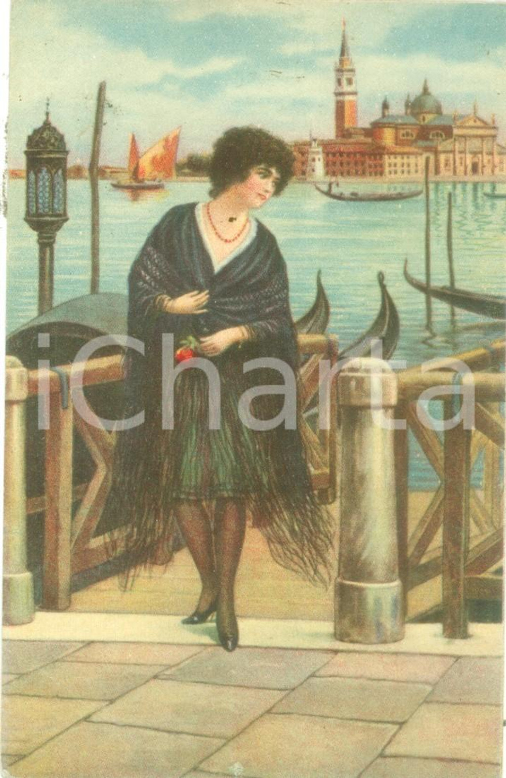 Cartolina originale da collezione 1928 VENEZIA Giovane donna al porticciolo Cartolina ILLUSTRATA FP VG 1