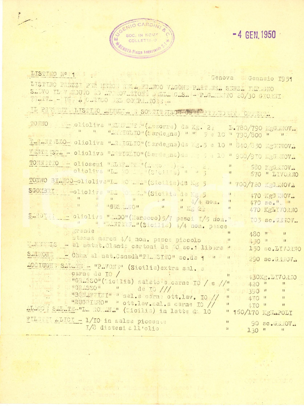 Documento originale, autentico 1951 GENOVA Eugenio CARDINI & C. Listino resi olio d oliva Documento 1