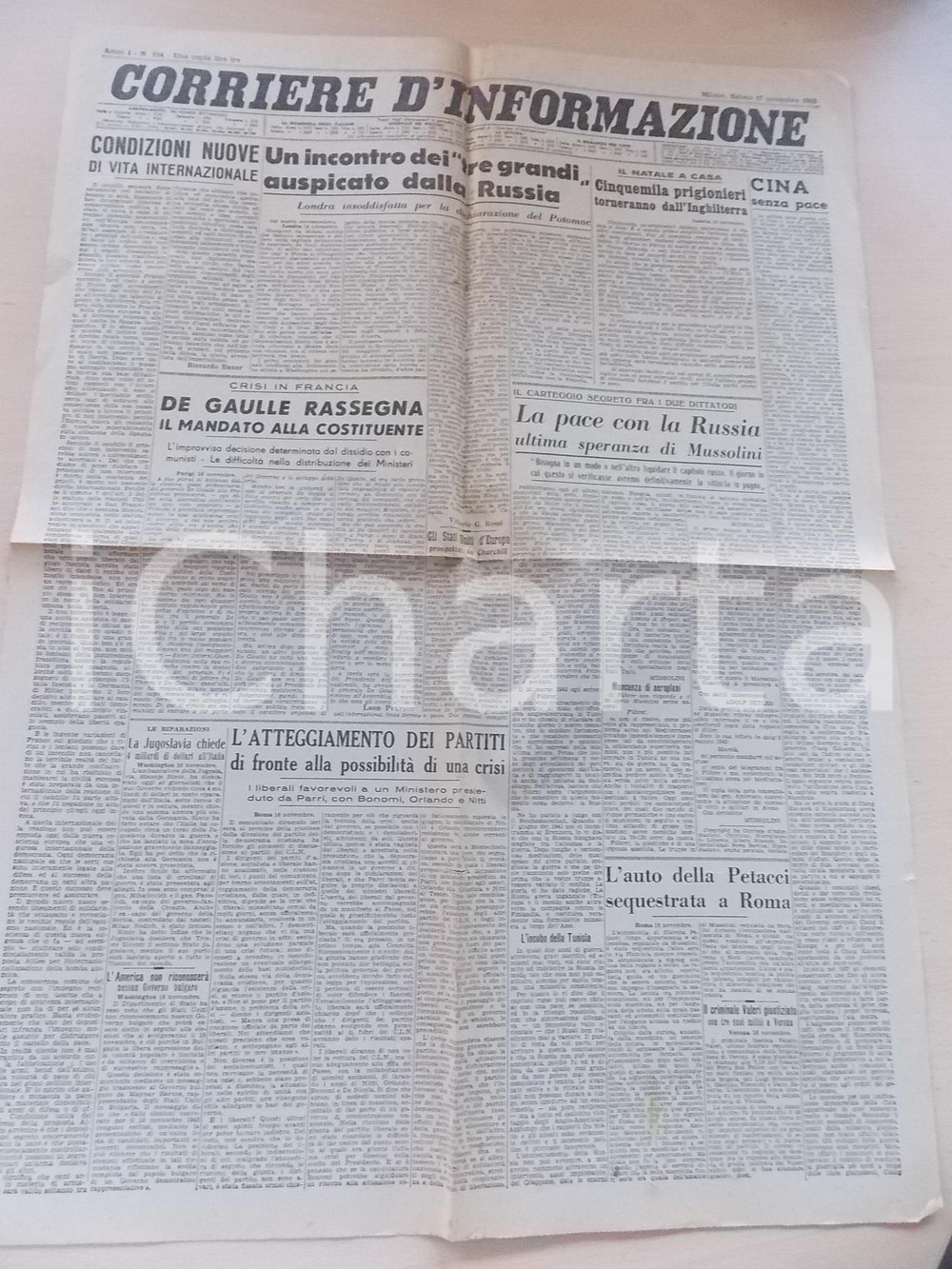 Giornale, rivista storica 1945 CORRIERE D INFORMAZIONE De Gaulle rassegna il mandato Giornale anno I 154 1