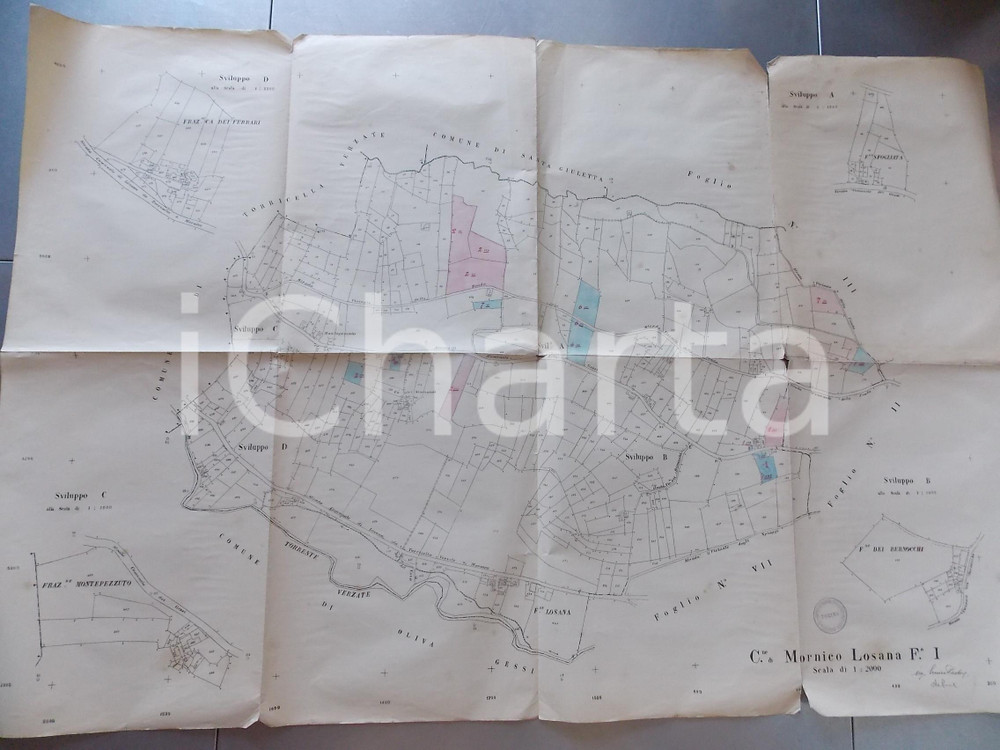 Mappa, planimetria storica 1940 ca MORNICO LOSANA PV Planimetria con torrente VERZATE 100x70 cm 1