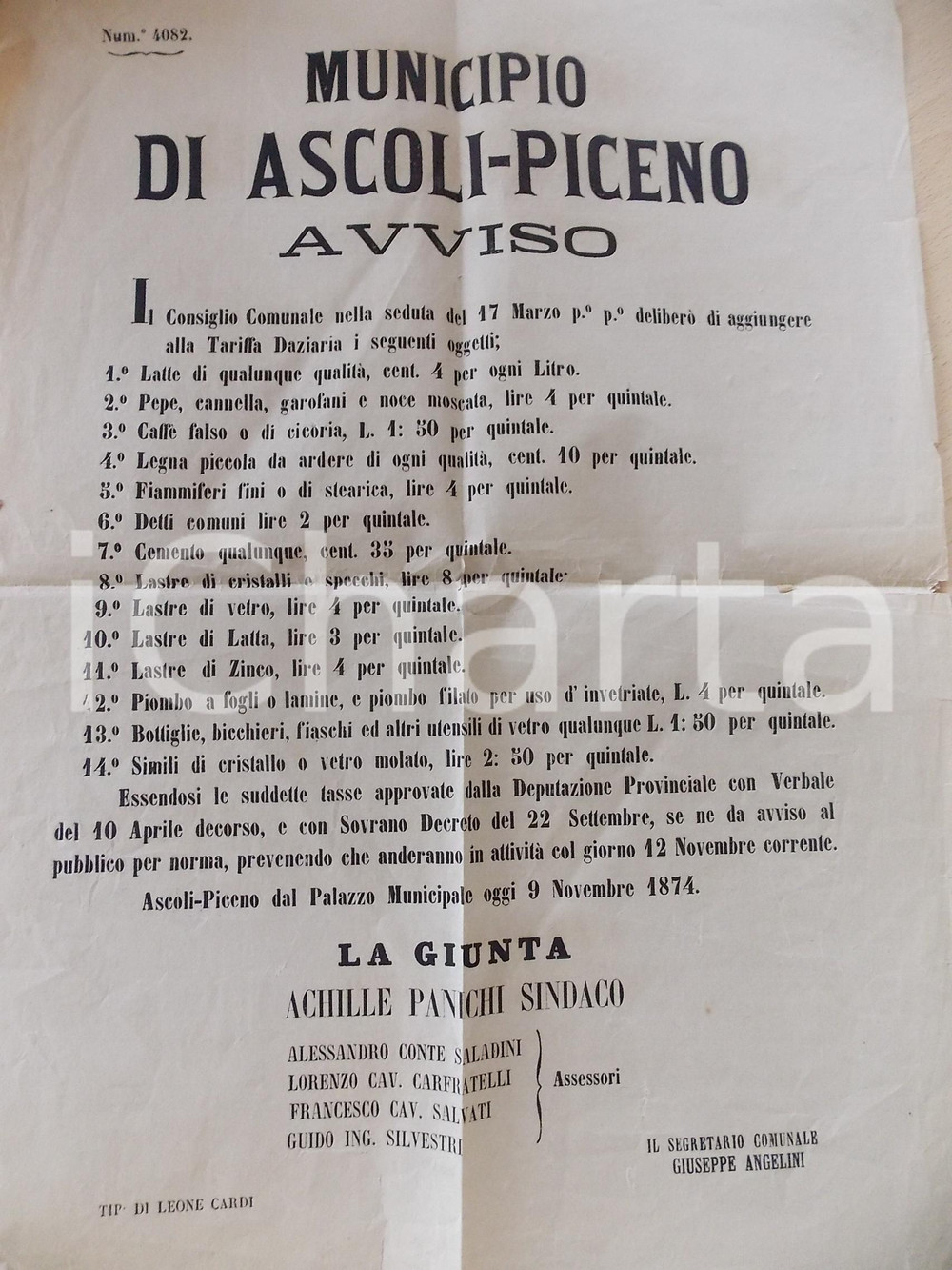 Documento originale, autentico 1874 ASCOLI PICENO Nuovi oggetti aggiunti alla tariffa daziaria Manifesto 35x45 1