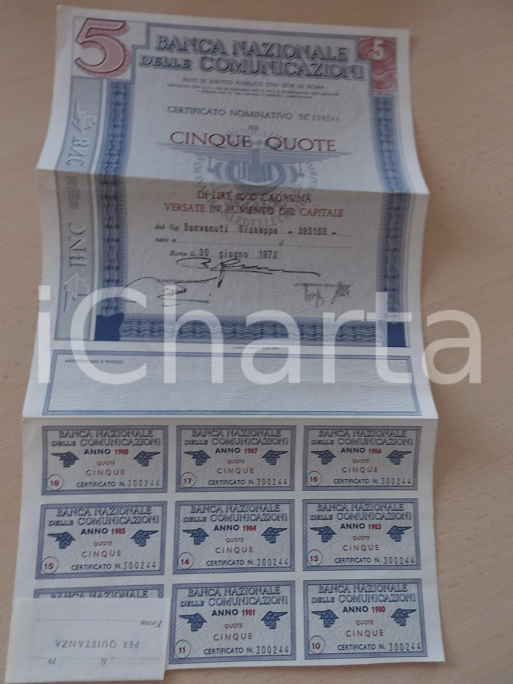 1972 ROMA BANCA NAZIONALE DELLE COMUNICAZIONI Certificato nominativo 5 quote Certificato azionario d'epoca.DIMENSIONI: cm 26 x 42CONDIZIONI: fair    originale e autentica 1
