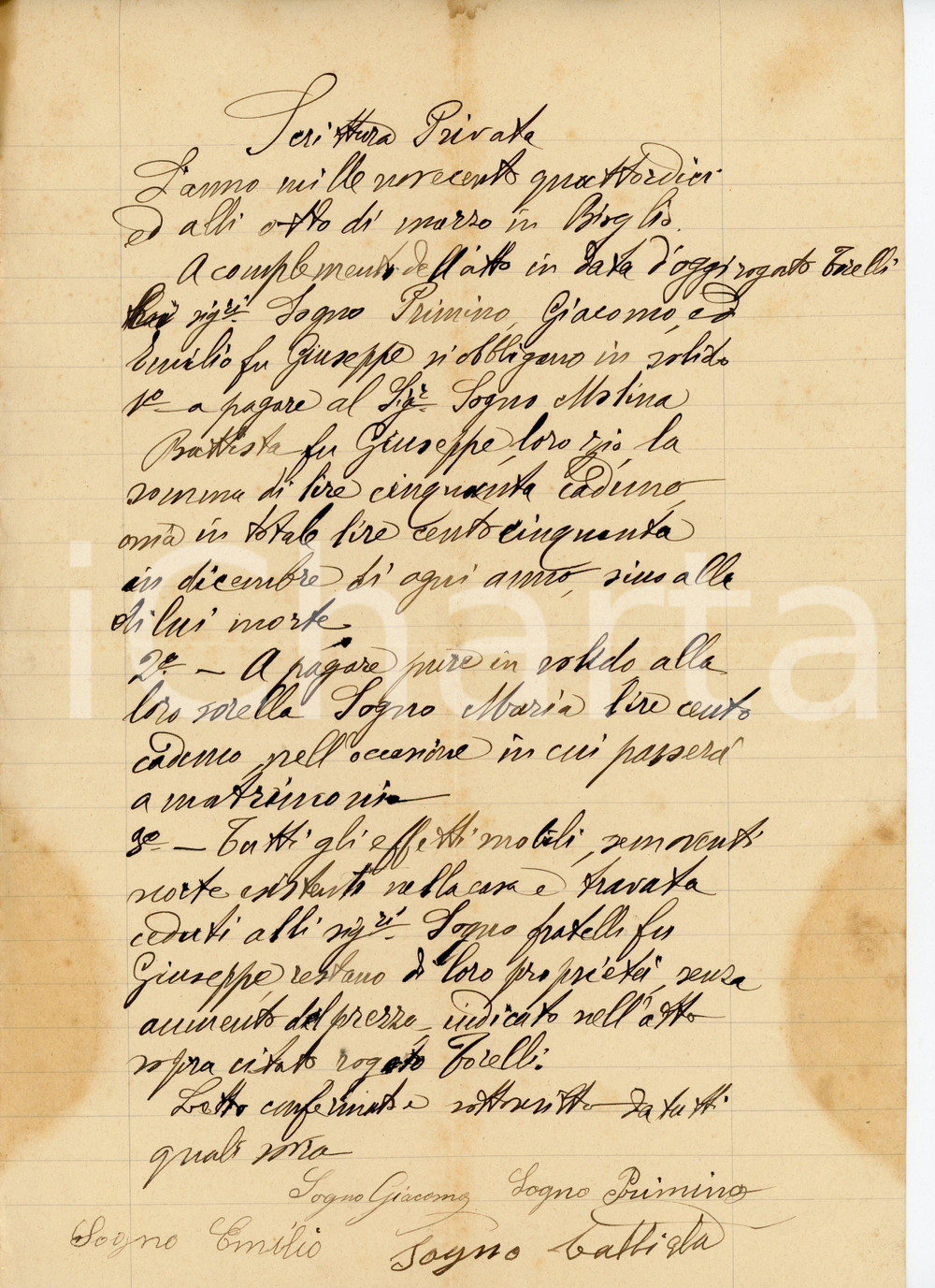 Documento originale, autentico 1914 BIOGLIO BI Scrittura privata su vendita di casa ai fratelli SOGNO 1