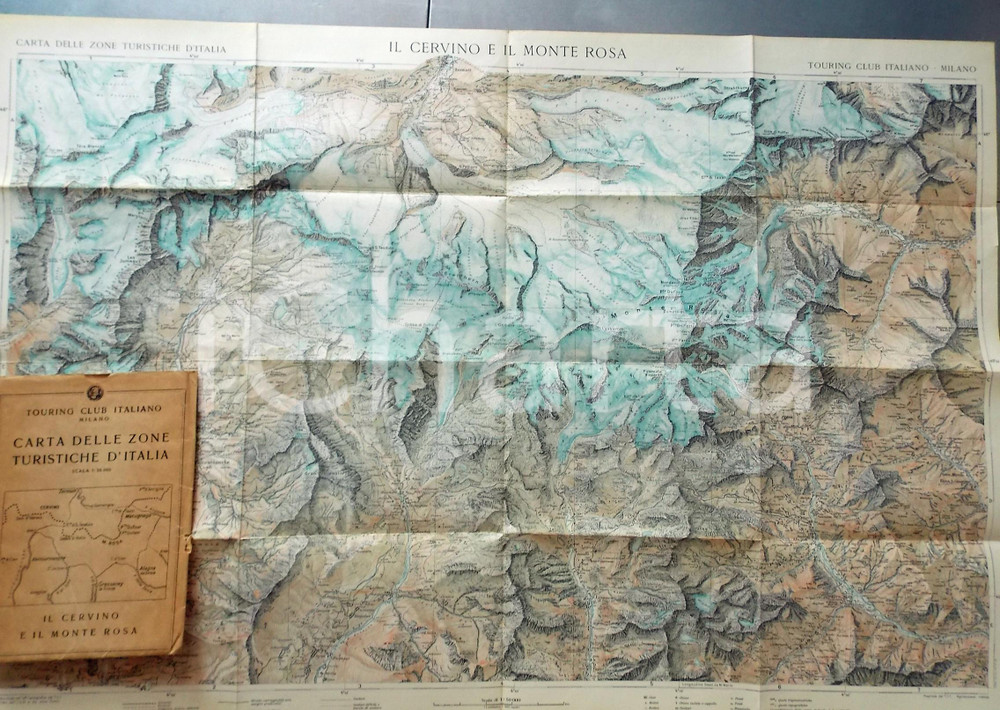 Mappa, planimetria storica 1930 ca TCI Carta zone turistiche d Italia  CERVINO e MONTE ROSA Mappa 80x50 cm 1