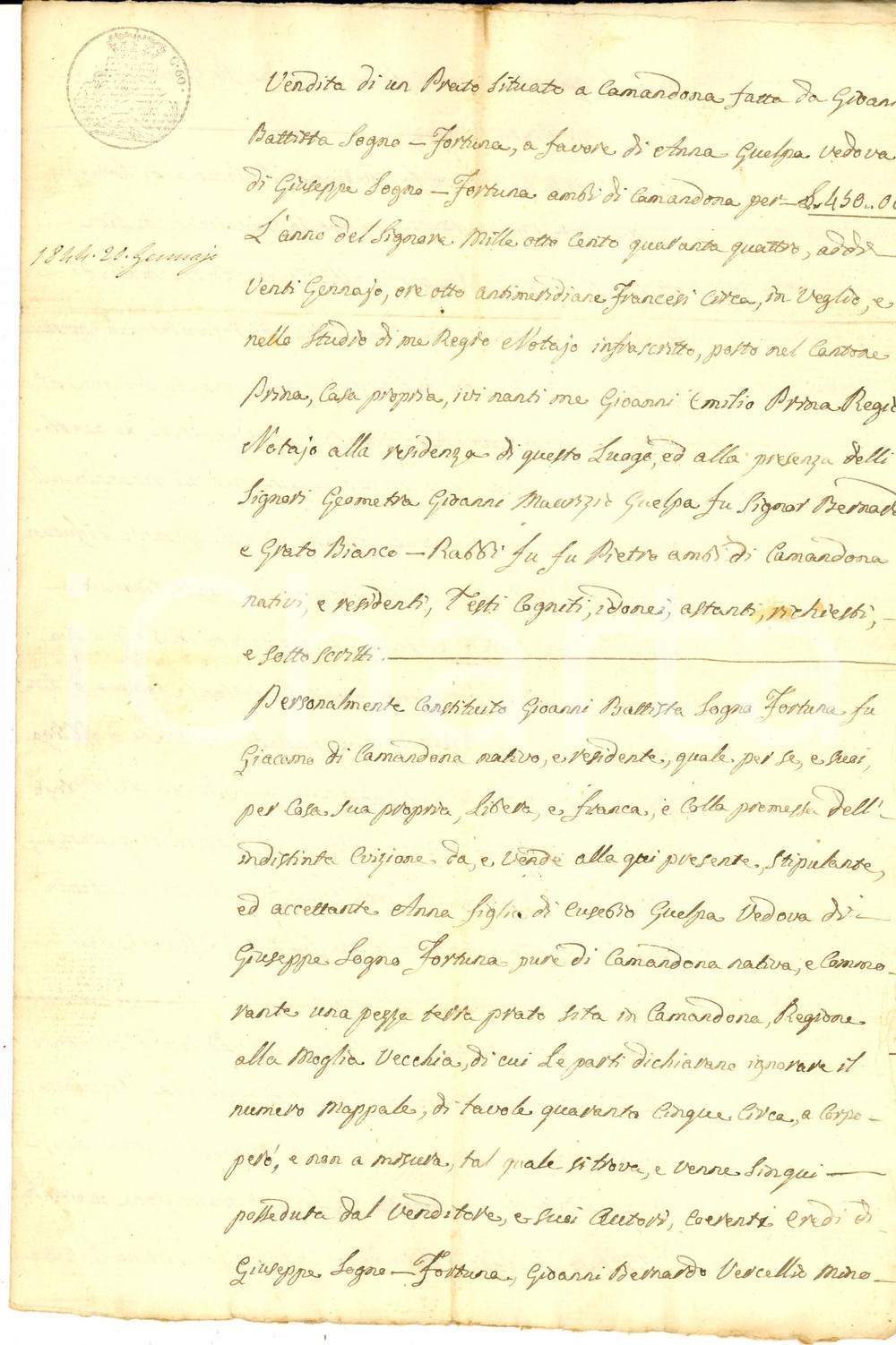 Documento originale, autentico 1844 CAMANDONA Giovanni Battista SOGNO FORTUNA vende terra alla cognata Anna 1