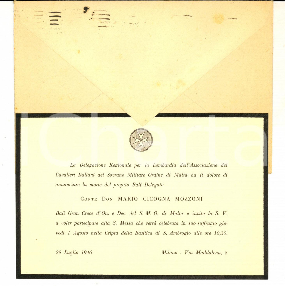 Oggetto da collezione cartaceo 1946 MILANO Biglietto annuncio funebre conte don Mario CICOGNA MOZZONI 1