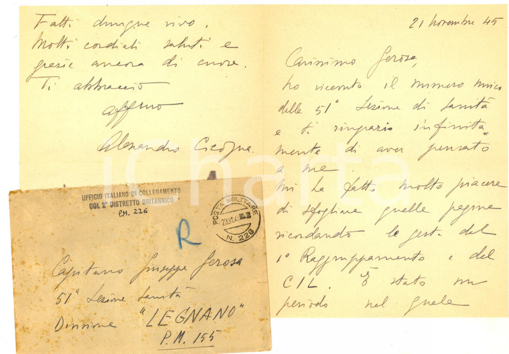 Autografo originale 1945 PM 226 Speriamo di rimettere a posto l Italia Alessandro CICOGNA MOZZONI 1