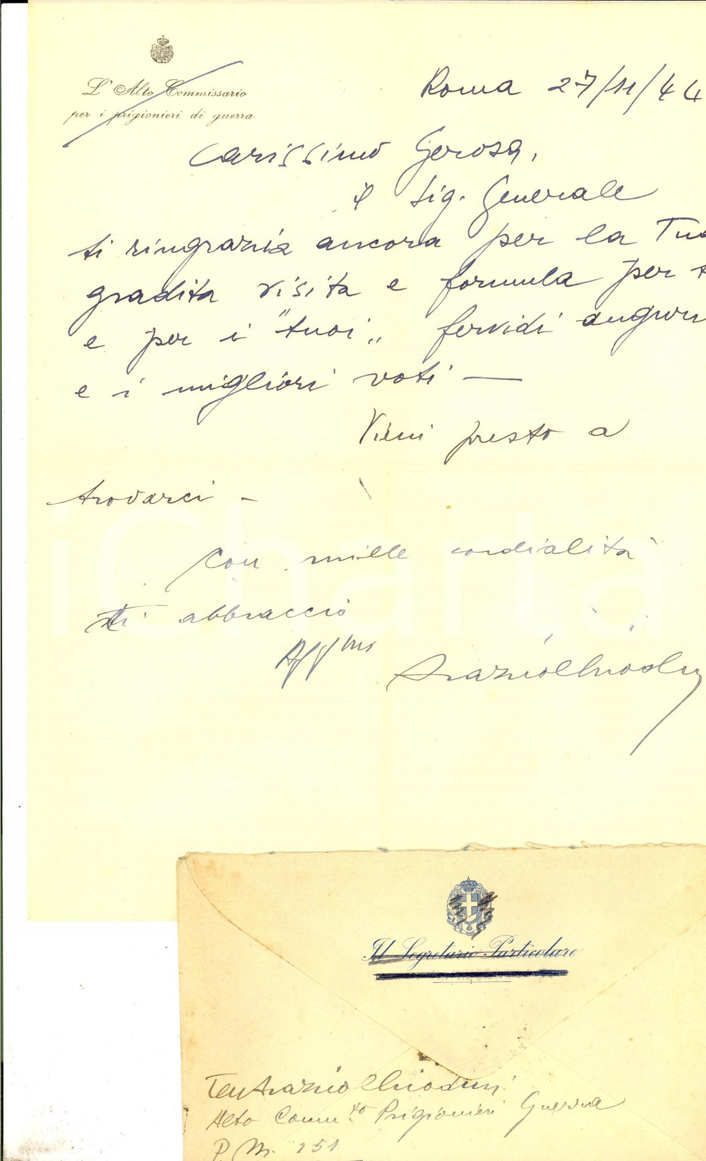 1944 WW2 CAVA DEI TIRRENI Ringraziamenti ten. Orazio CHIODINI *Lettera Lettera su carta intestata e busta dell'Alto Commissariato per i prigionieri di guerra.CONDIZIONI: fair     originale e autentica 1