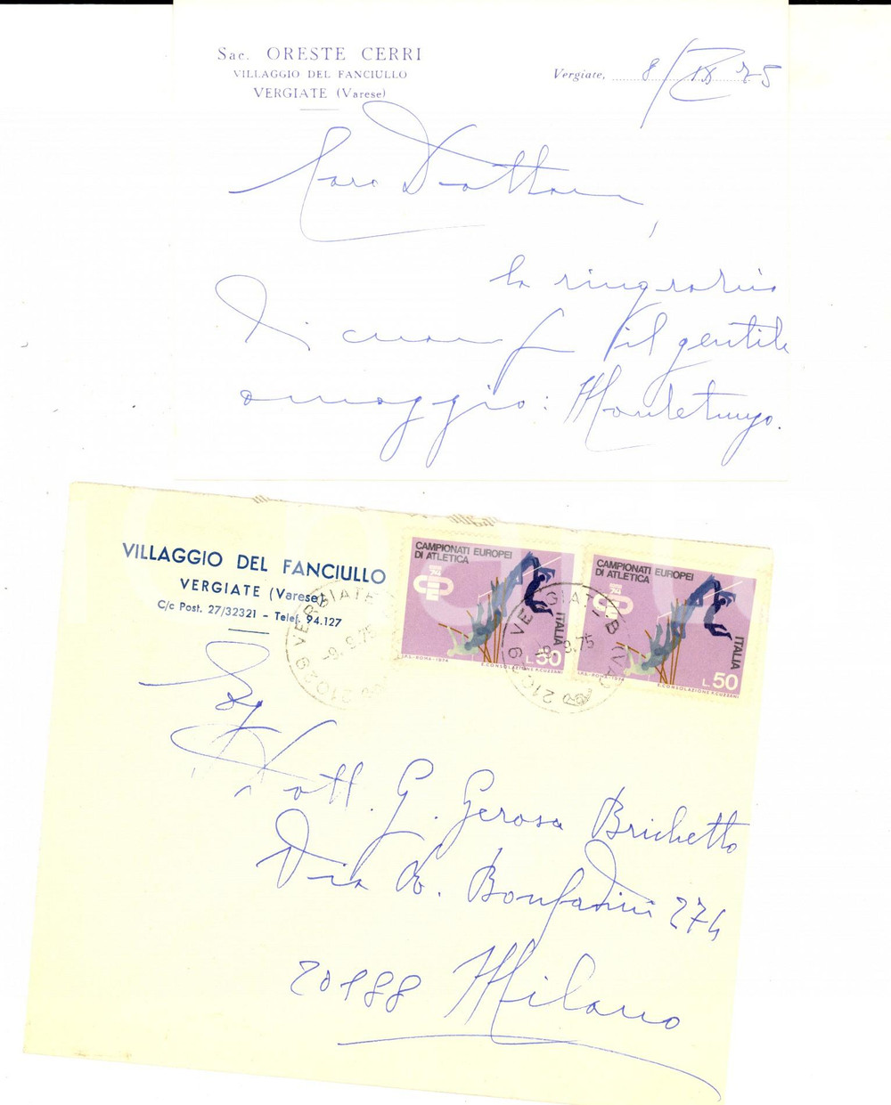 Autografo originale 1975 VERGIATE Villaggio del Fanciullo  Biglietto don Oreste CERRI Autografo 1