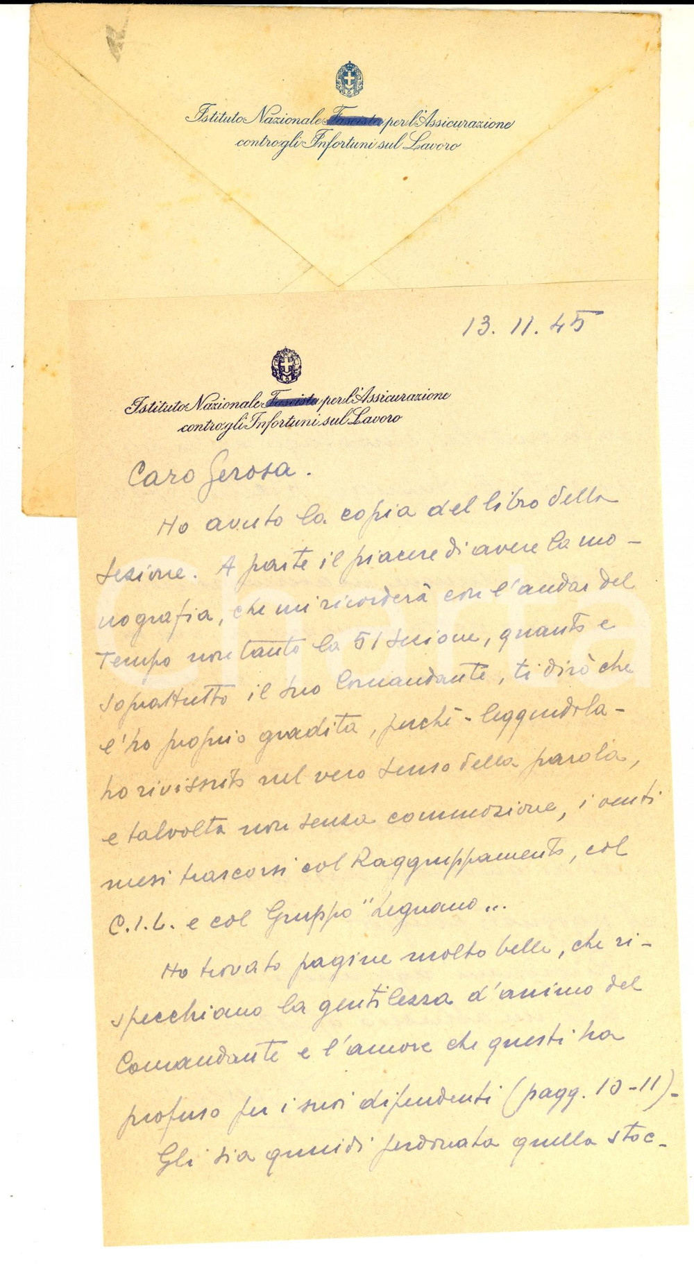 Manoscritto, lettera originale 1945 MILANO INAIL Lettera Alberto GRASSI sui ricordi della guerra e del CIL 1
