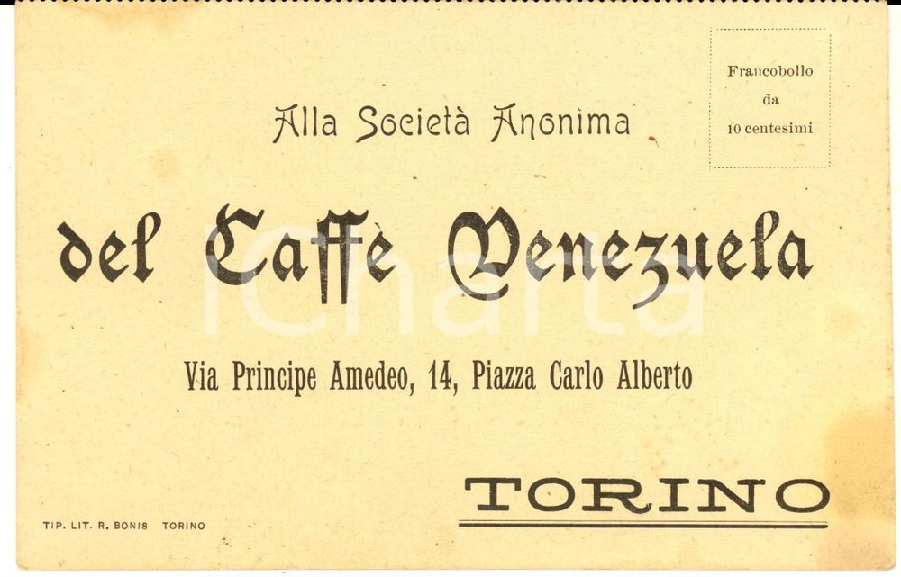 Materiale pubblicitario d’epoca 1905 ca TORINO SocietÃ  Anonima CAFFE  VENEZUELA Biglietto per ordini 1