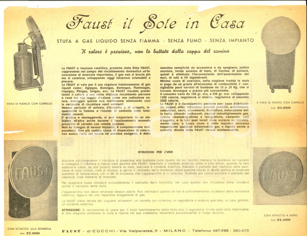 Materiale pubblicitario d’epoca 1950 ca MILANO Ditta FAUST di COCCHI Il sole in casa  Stufa a gas VOLANTINO 1