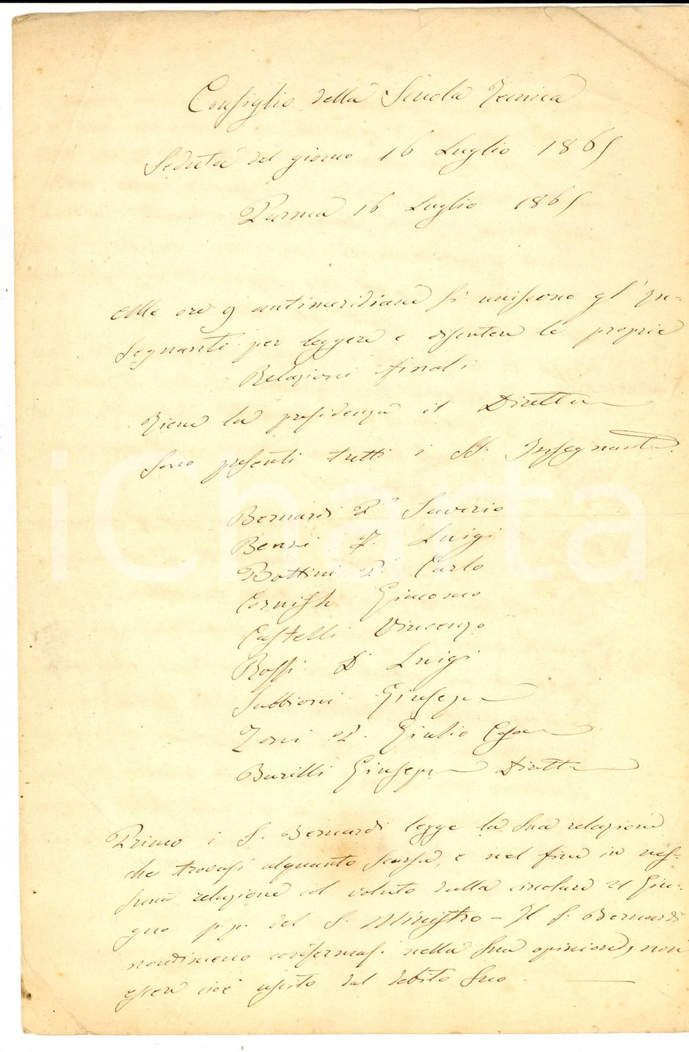 Documento originale, autentico 1865 ca PARMA Consiglio Scuola Tecnica  Verbale seduta su problemi insegnanti 1
