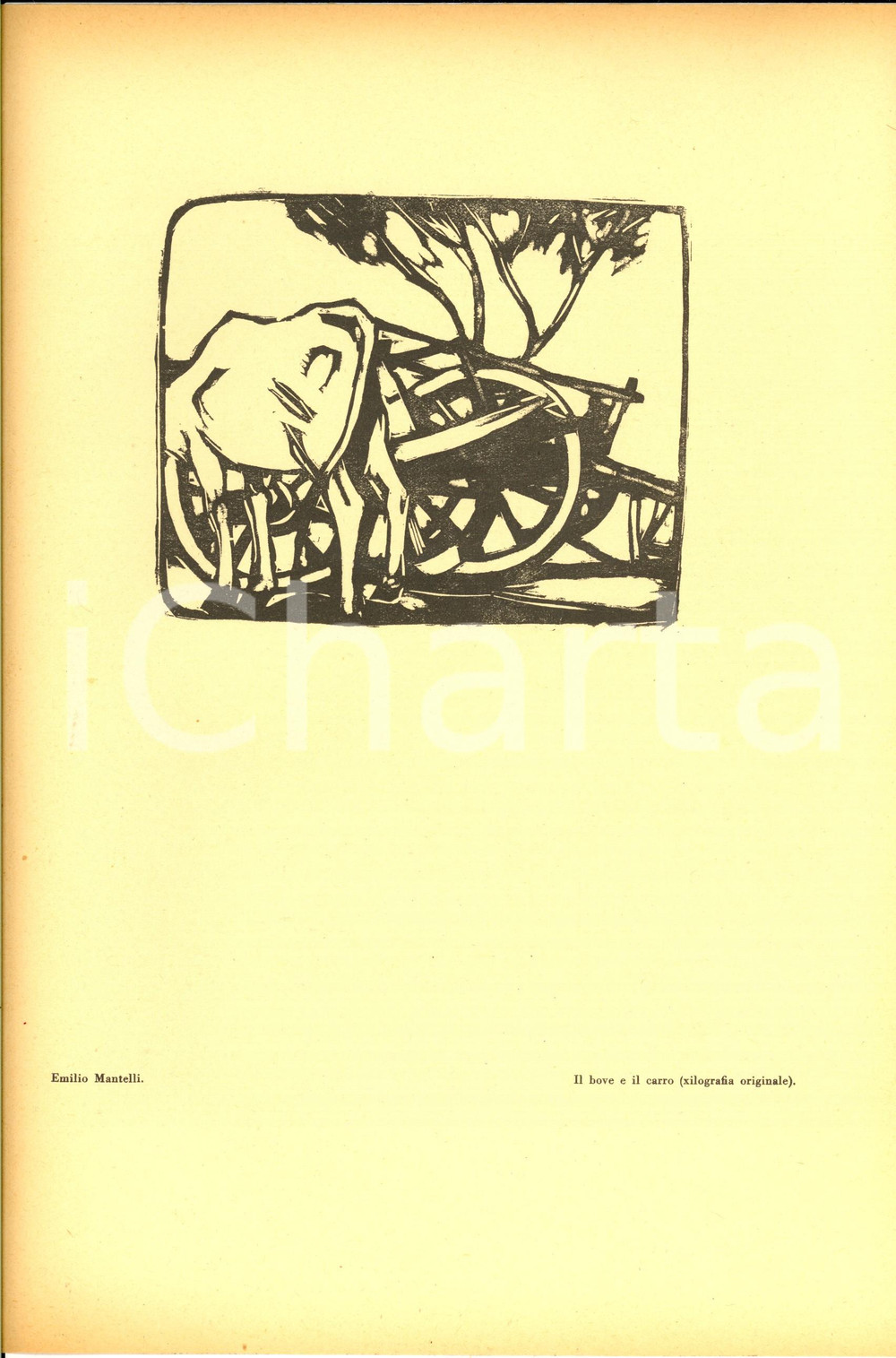 Stampa, bozzetto originale 1936 Emilio MANTELLI Il bove e il carro Stampa da L EROICA nÂ° 217218 24x33 cm 1