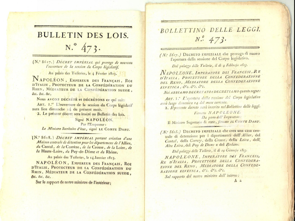 Giornale, rivista storica 1813 REGNO D ITALIA Bollettino delle leggi  Casa detenzione ALLIER LOIRE nÂ°473 1