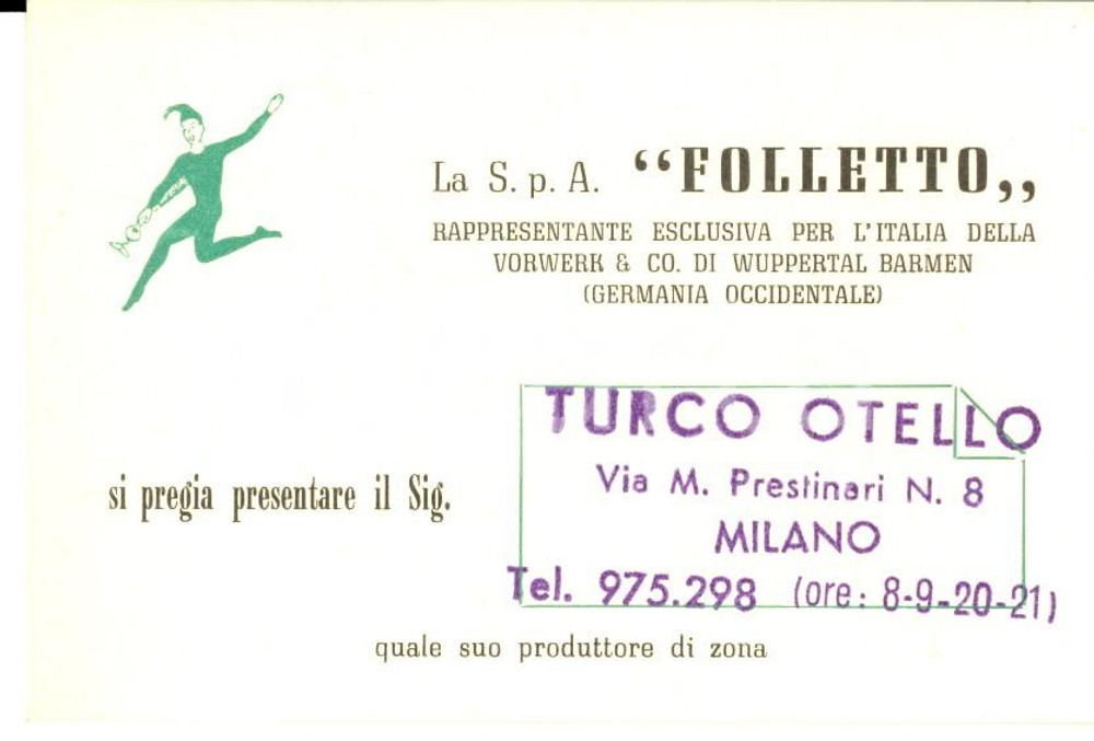 Cartolina originale da collezione 1960 ca MILANO Ditta FOLLETTO VORWERK Biglietto rappresentante Otello TURCO 1