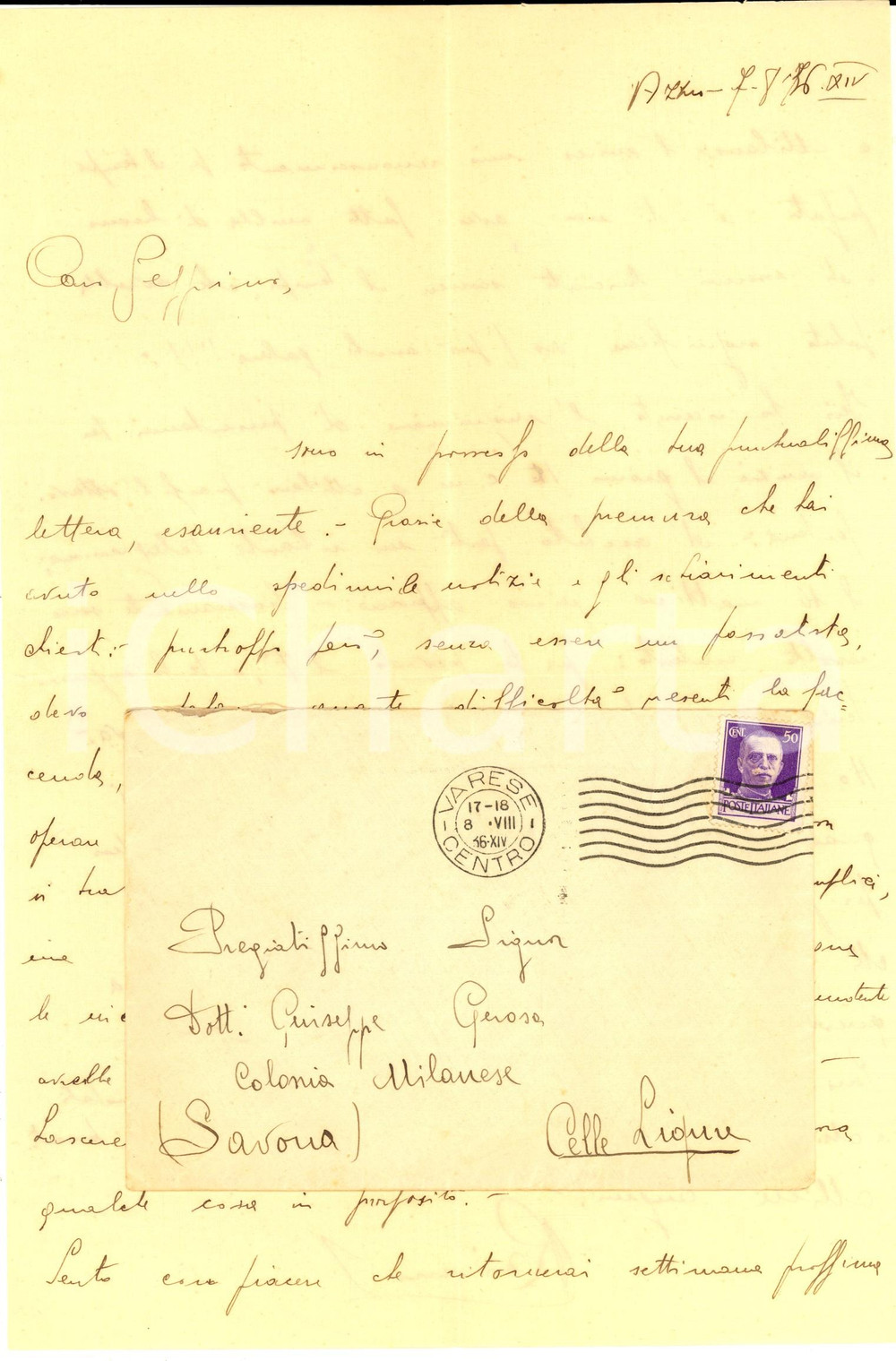 Manoscritto, lettera originale 1936 AZZIO Raimondo BARIATTI richiamato in servizio all 8Â° SanitÃ  Autografo 1