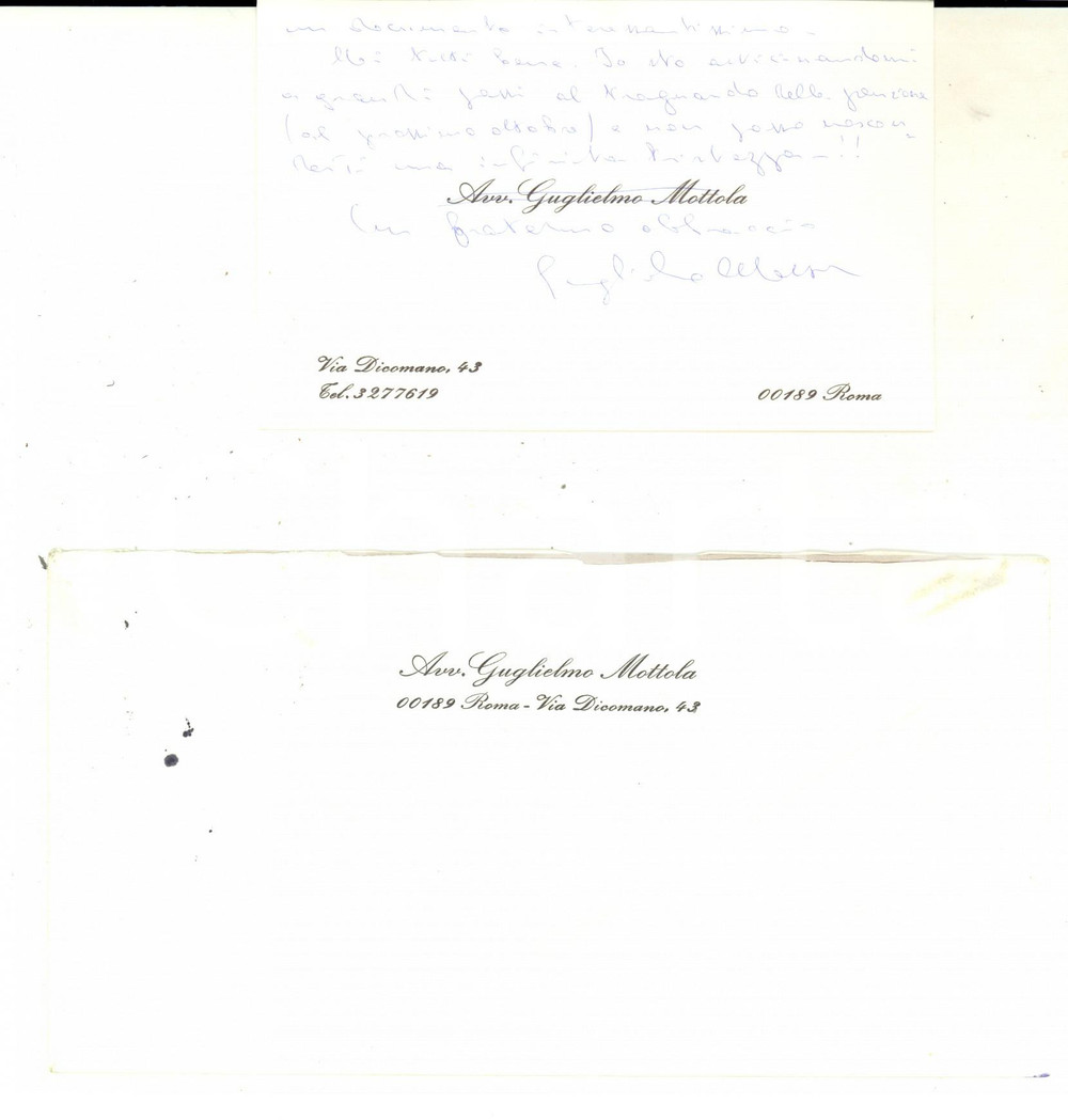 Manoscritto, lettera originale 1982 ROMA Avv. Guglielmo MOTTOLA prossimo alla pensione Biglietto autografo 1