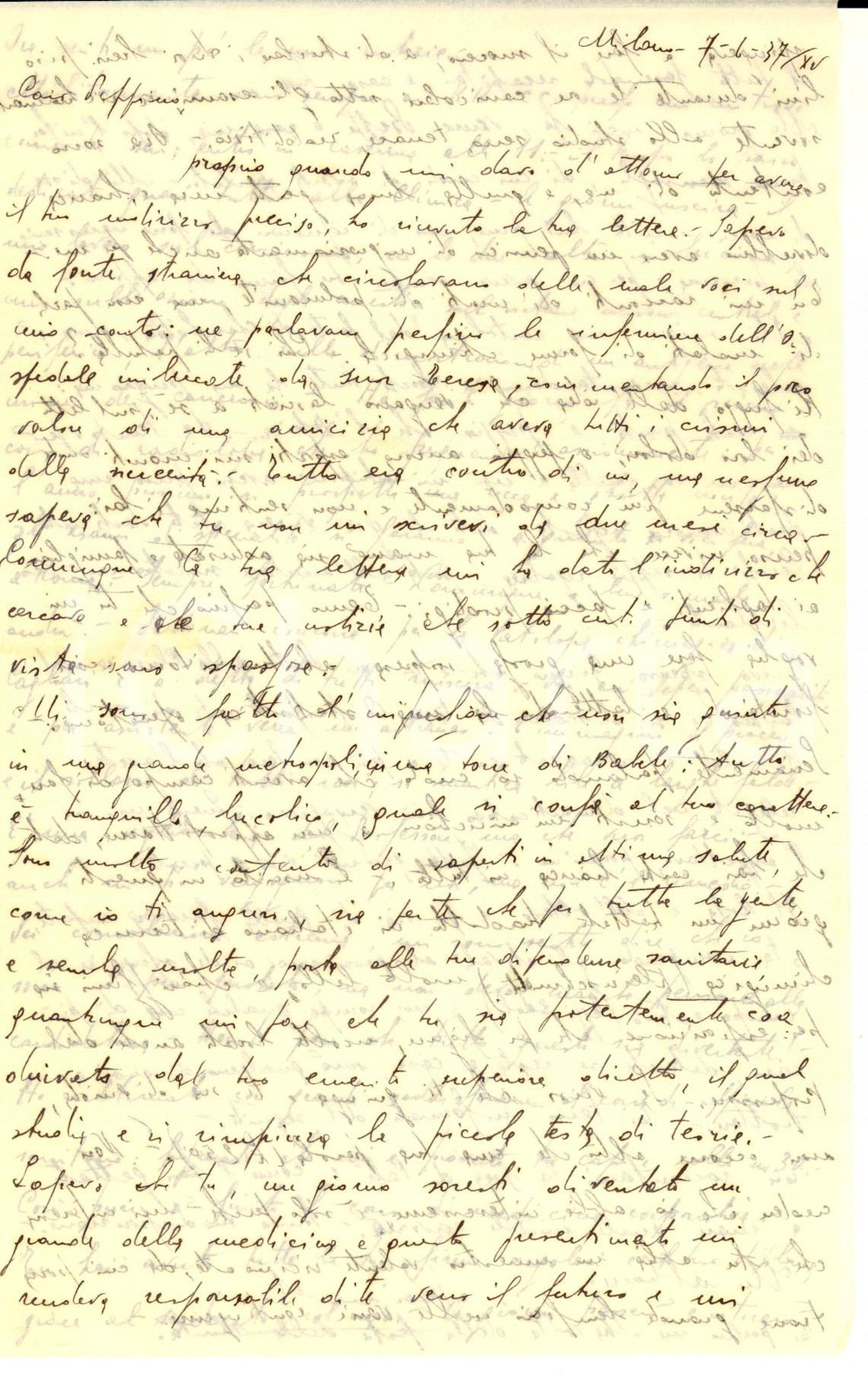 Manoscritto, lettera originale 1937 MILANO Raimondo BARIATTI termina il corso per ufficiale sanitario Lettera 1