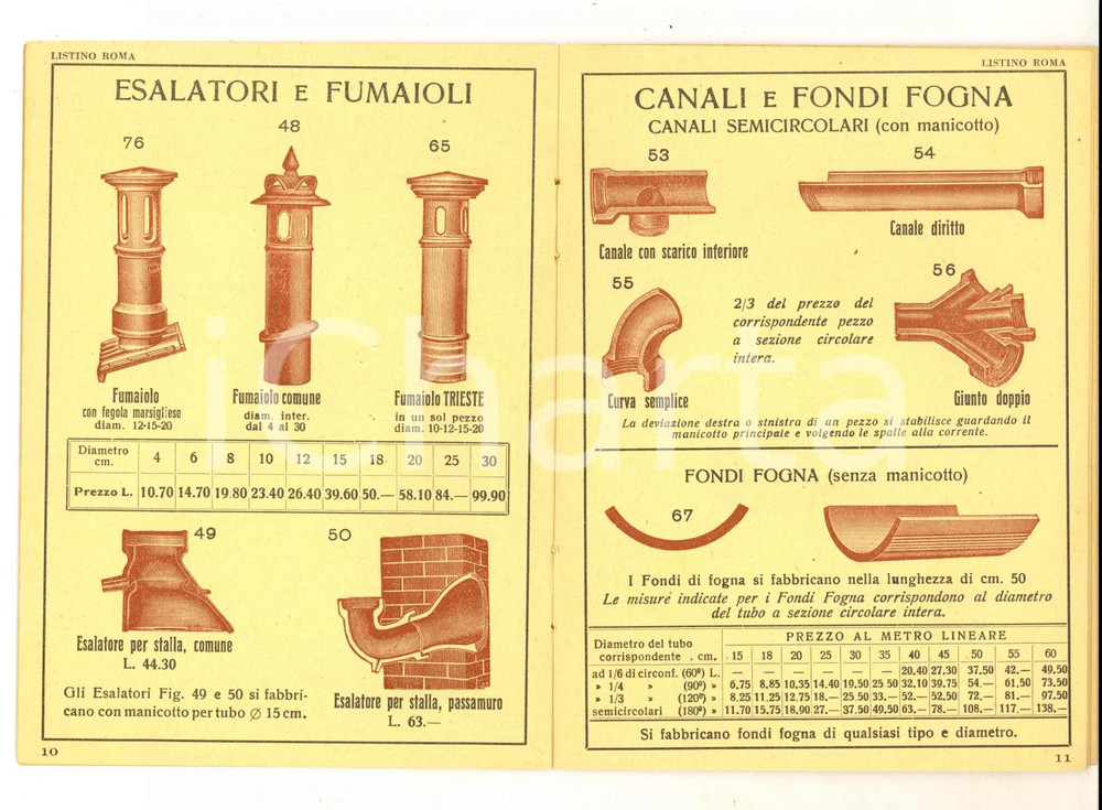 Materiale pubblicitario d’epoca 1936 MILANO SocietÃ  del GRES ing. SALA Listino tuberia ROMA ILLUSTRATO 1