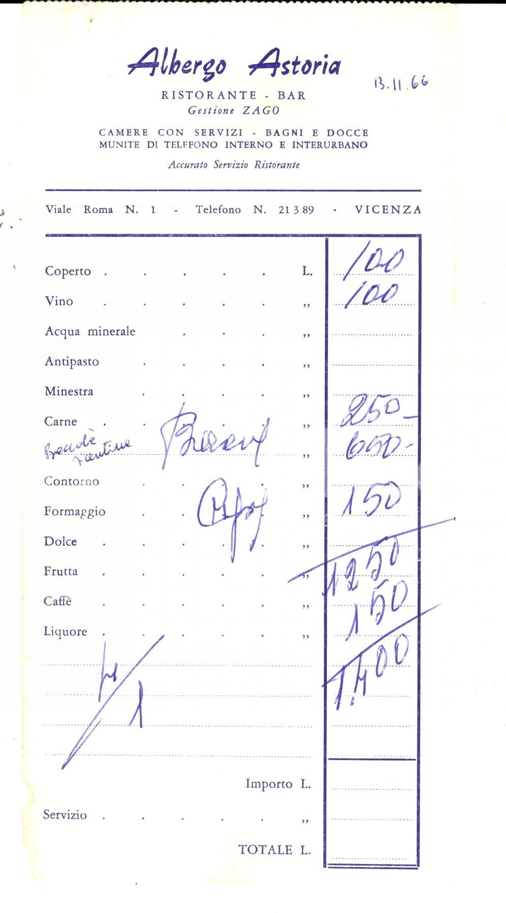 Materiale pubblicitario d’epoca 1966 VICENZA Albergo ASTORIA Ristorante  Gestione ZAGO Ricevuta 1
