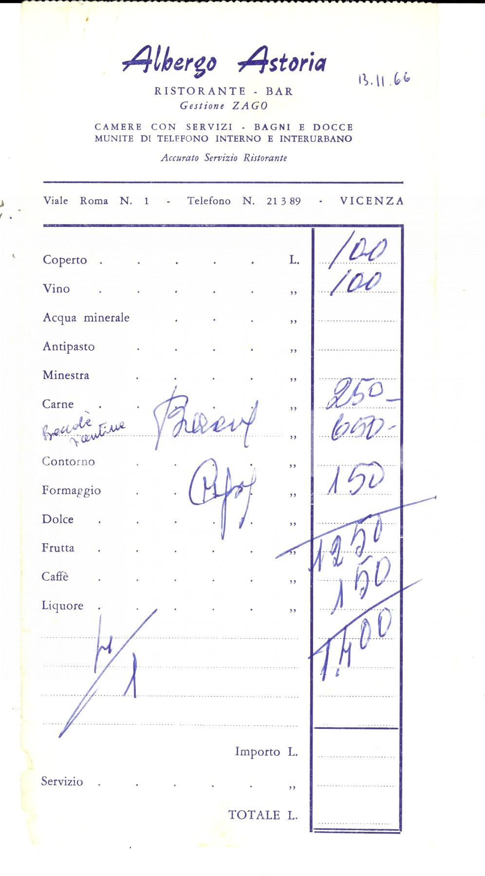 Materiale pubblicitario d’epoca 1966 VICENZA Albergo ASTORIA Ristorante  Gestione ZAGO Ricevuta 1