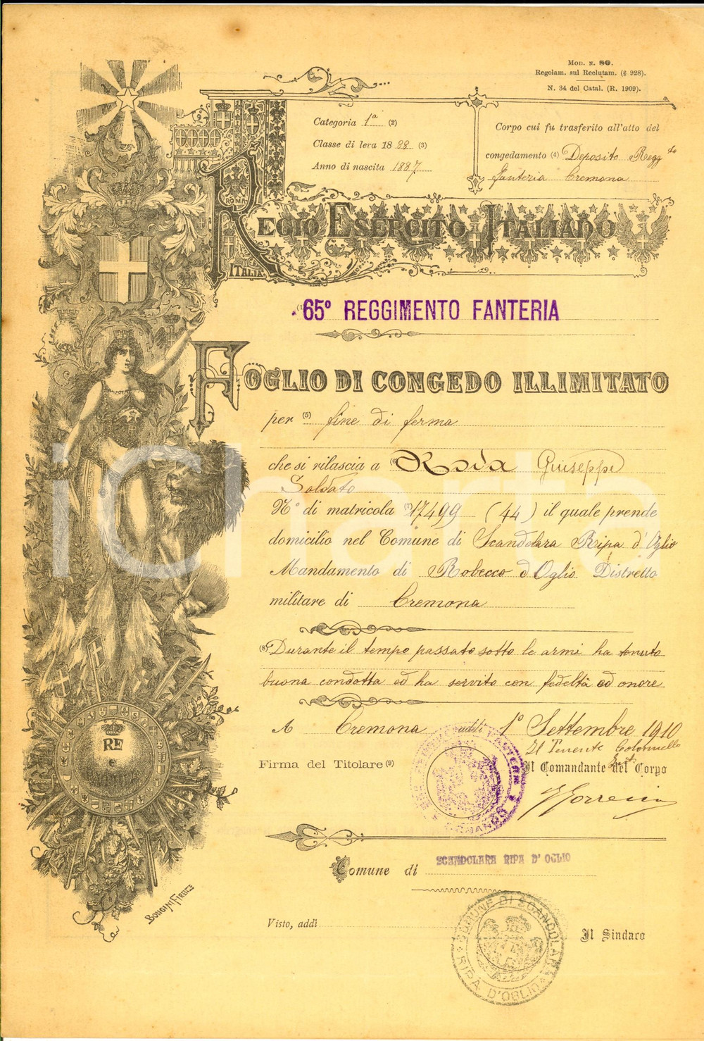 1910 SCANDOLARA RIPA D'OGLIO Congedo illimitato Giuseppe ROIA - 65Â° Fanteria CONDIZIONI: fair    originale e autentica 1