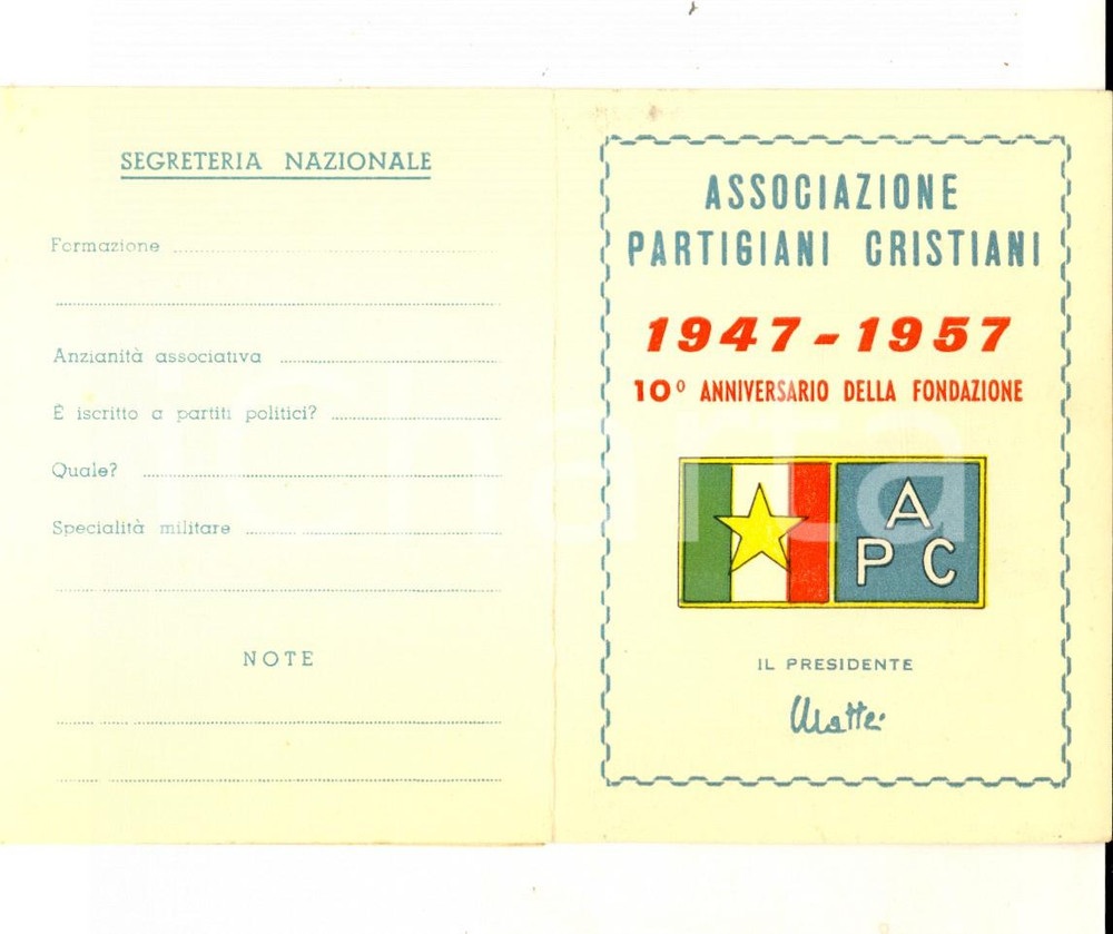 Oggetto da collezione cartaceo 1957 MILITELLO CT Associazione Partigiani Cristiani  Tessera personale 1