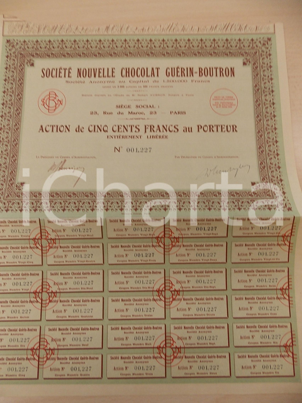1934 PARIS SociÃ©tÃ© Nouvelle Chocolat GUERIN-BOUTRON Action cinq cents francs DATA: 1934 LUOGO: PARIS TITOLO: SOCIETE NOUVELLE CHOCOLAT GEURIN-BOUTRONACTION DE CINQ CENTS FRANCS AU PORTEURDESCRIZIONE: Certificato azionario d'epoca.  DIMENSIONI: cm 31 x 21  CONDIZIONI: buone.Documento d'epoca, originale, autentico.     originale e autentica 1