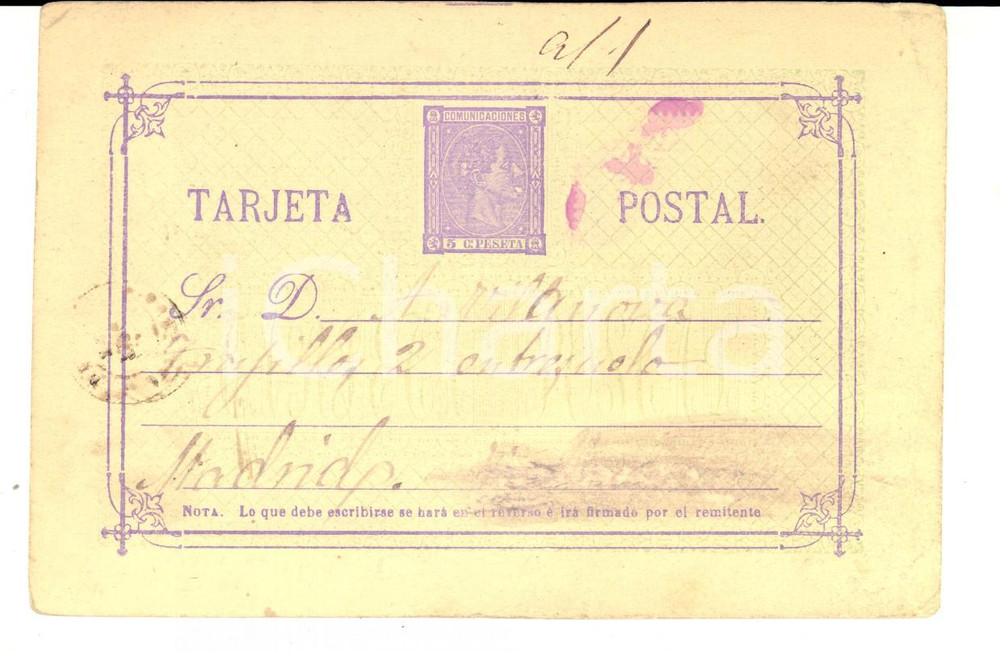 Cartolina originale da collezione 1876 RUEDA CASTILLA Tarjeta postal Rafael HERNANDEZ por VILANOVA  MADRID 1