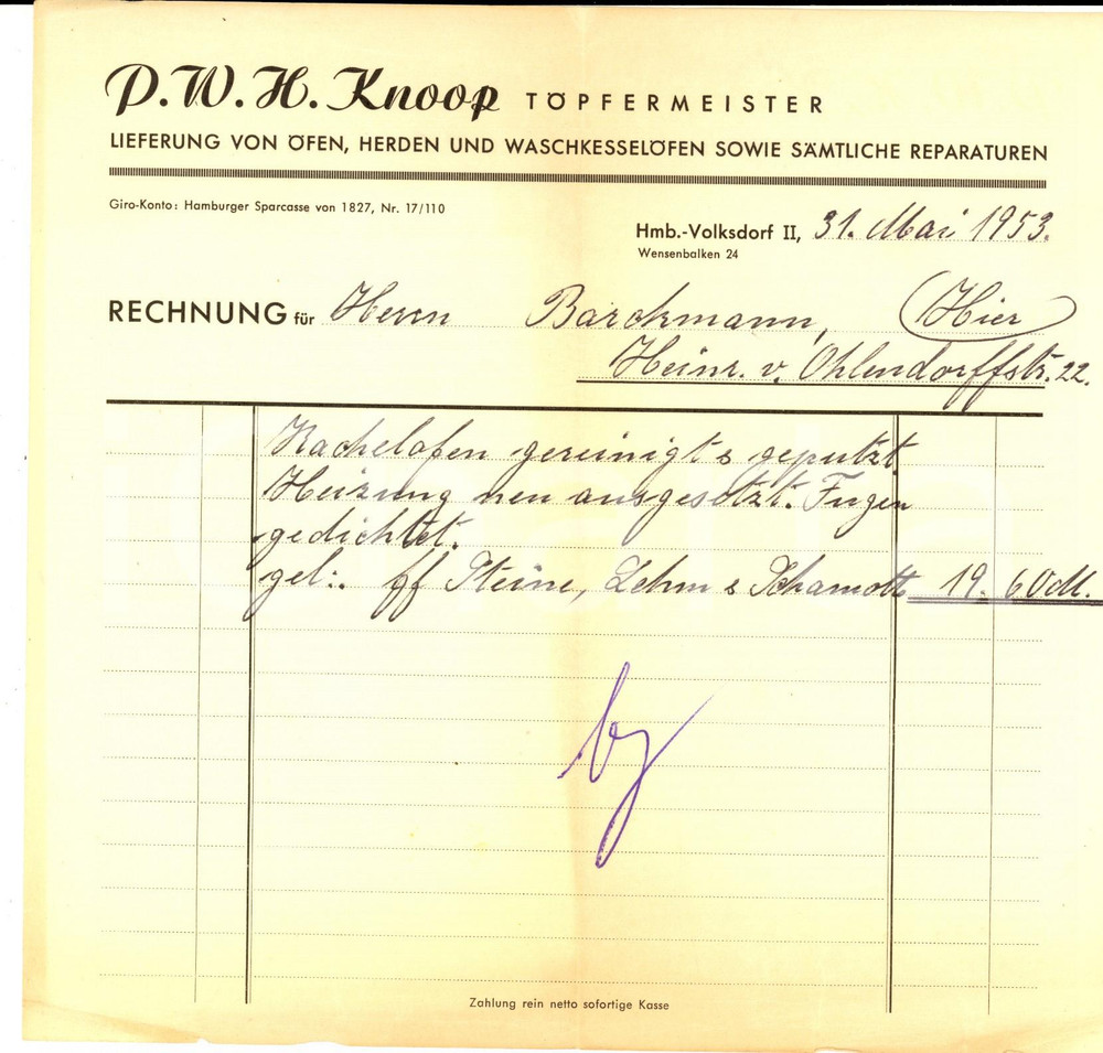 Documento originale, autentico 1953 HAMBURG VOLKSDORF Ditta KNOOP Topfermeister Ricevuta intestata 1