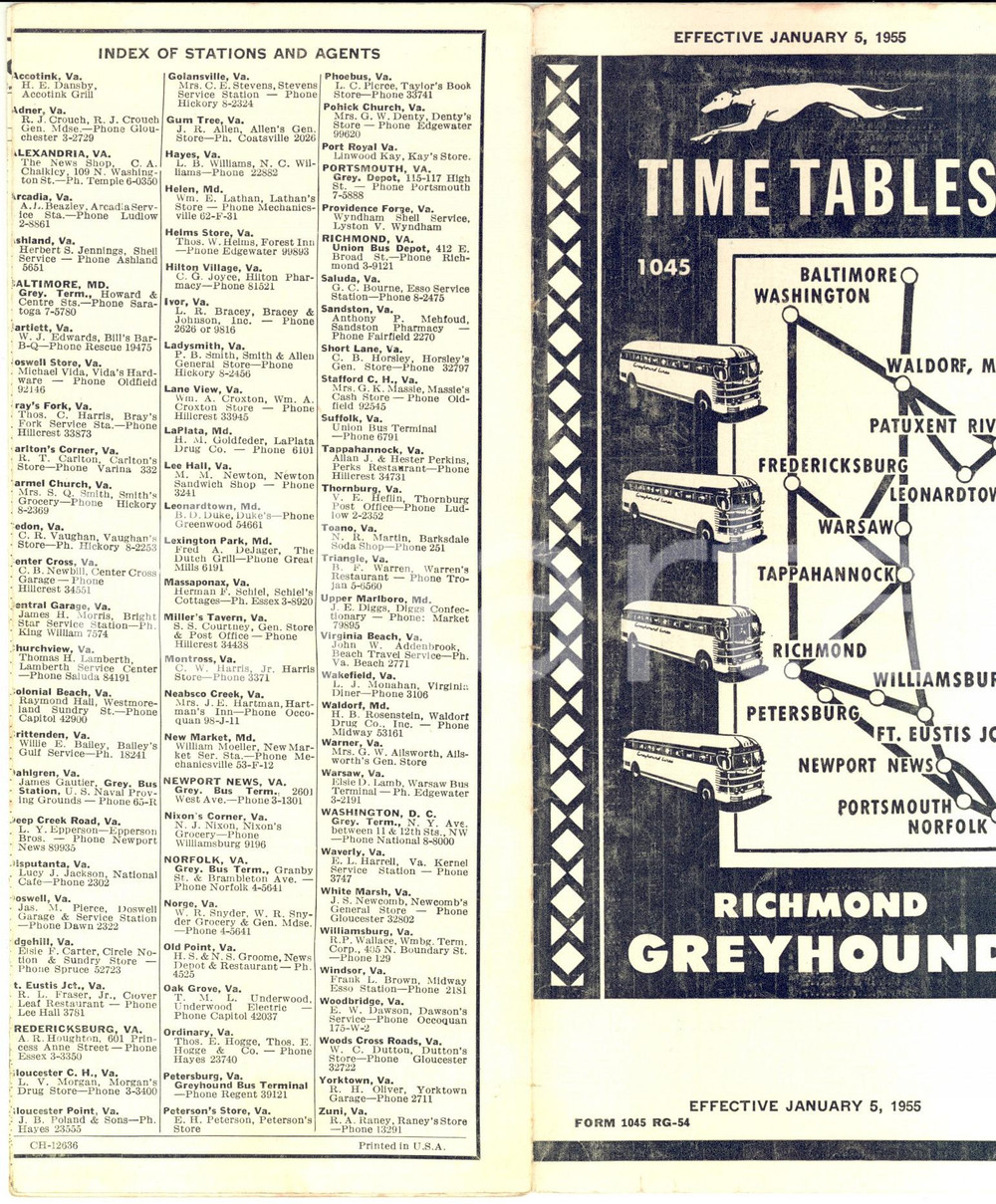 Materiale pubblicitario d’epoca January 1955 RICHMOND GREYHOUND Lines  Timetables 1045 Opuscolo 1