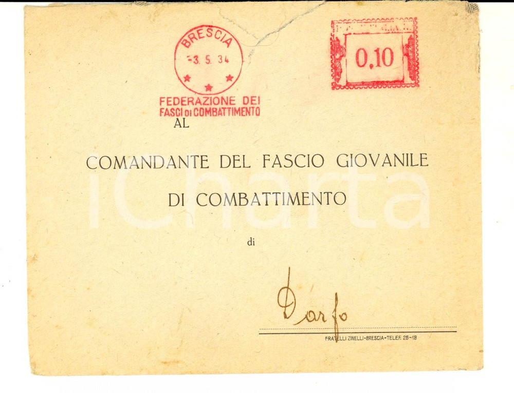1934 BRESCIA FASCI DI COMBATTIMENTO Busta intestata vuota affrancata 0,10 c.