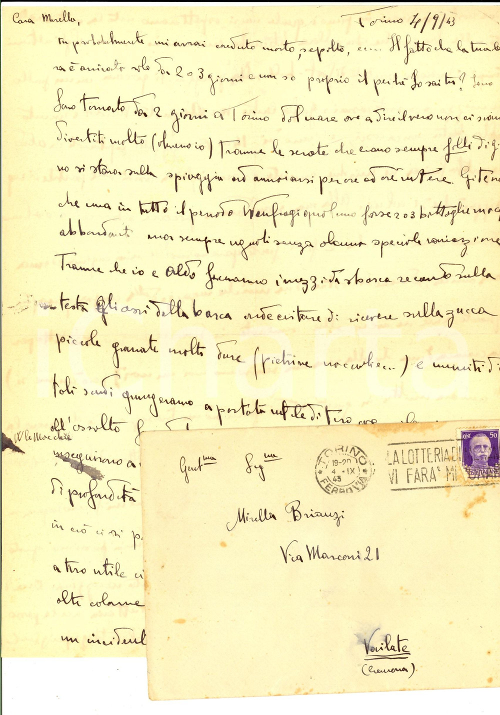 Documento originale, autentico 1943 TORINO Piero RIGOLA racconta i giochi in spiaggia a VARAZZE Lettera 1